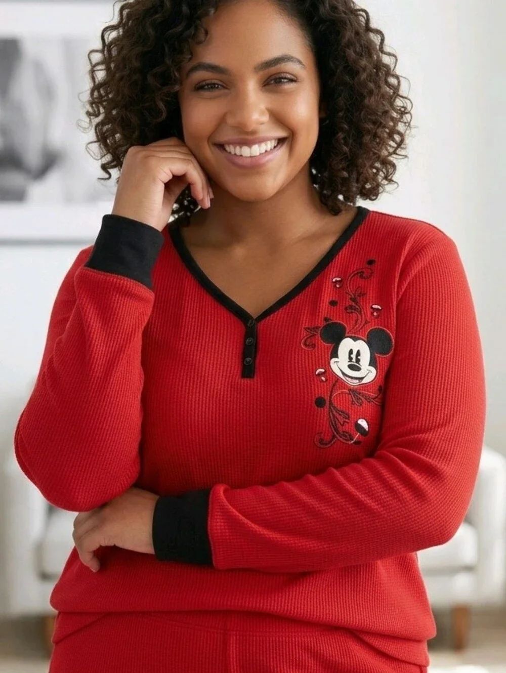 Women’s Red Mickey Mouse Thermal Long Sleeve Waffle Knit Henley Tee Disney Fan